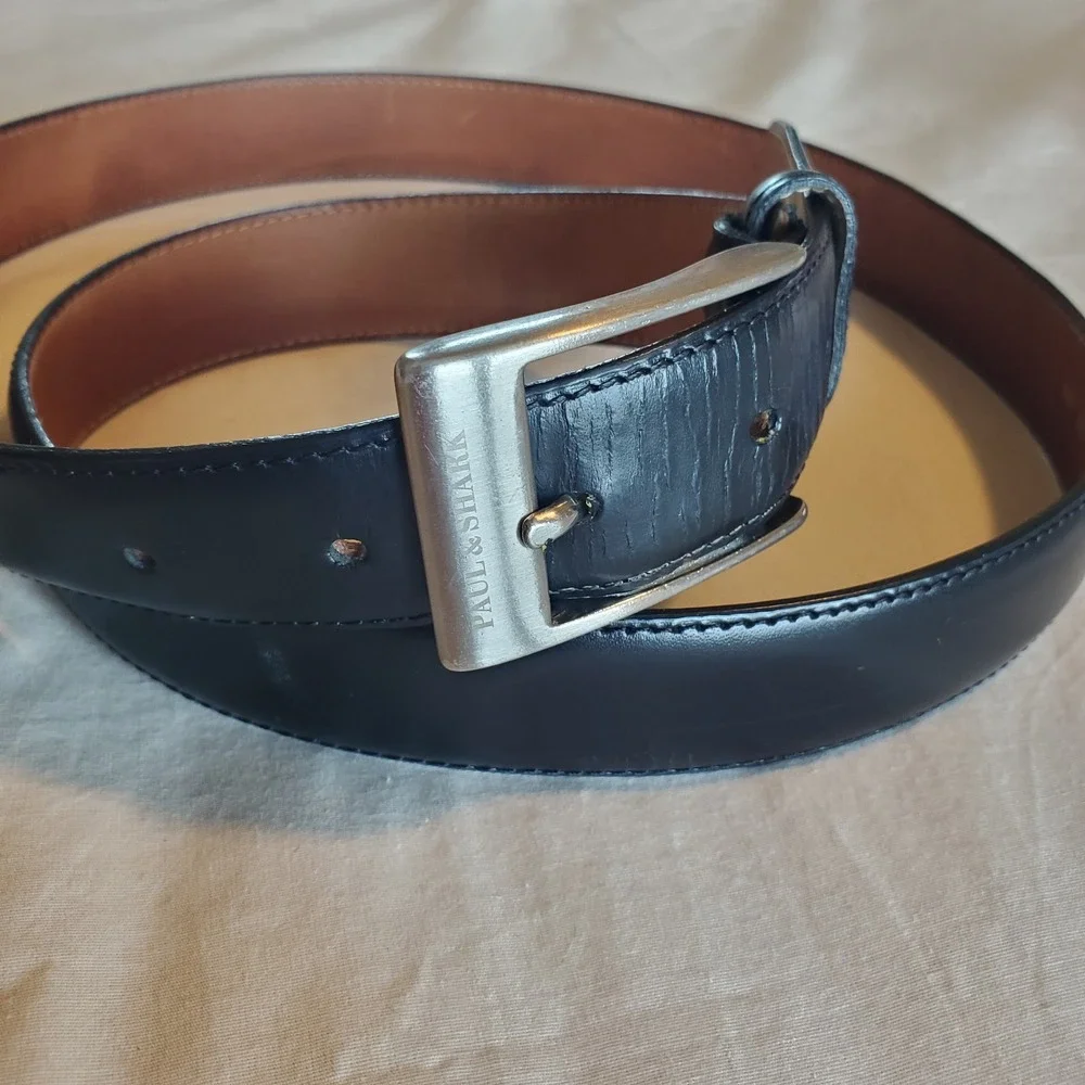 Paul & Shark Italy Black Genuine Leather Belt Silver Buckle Men Size 120 105